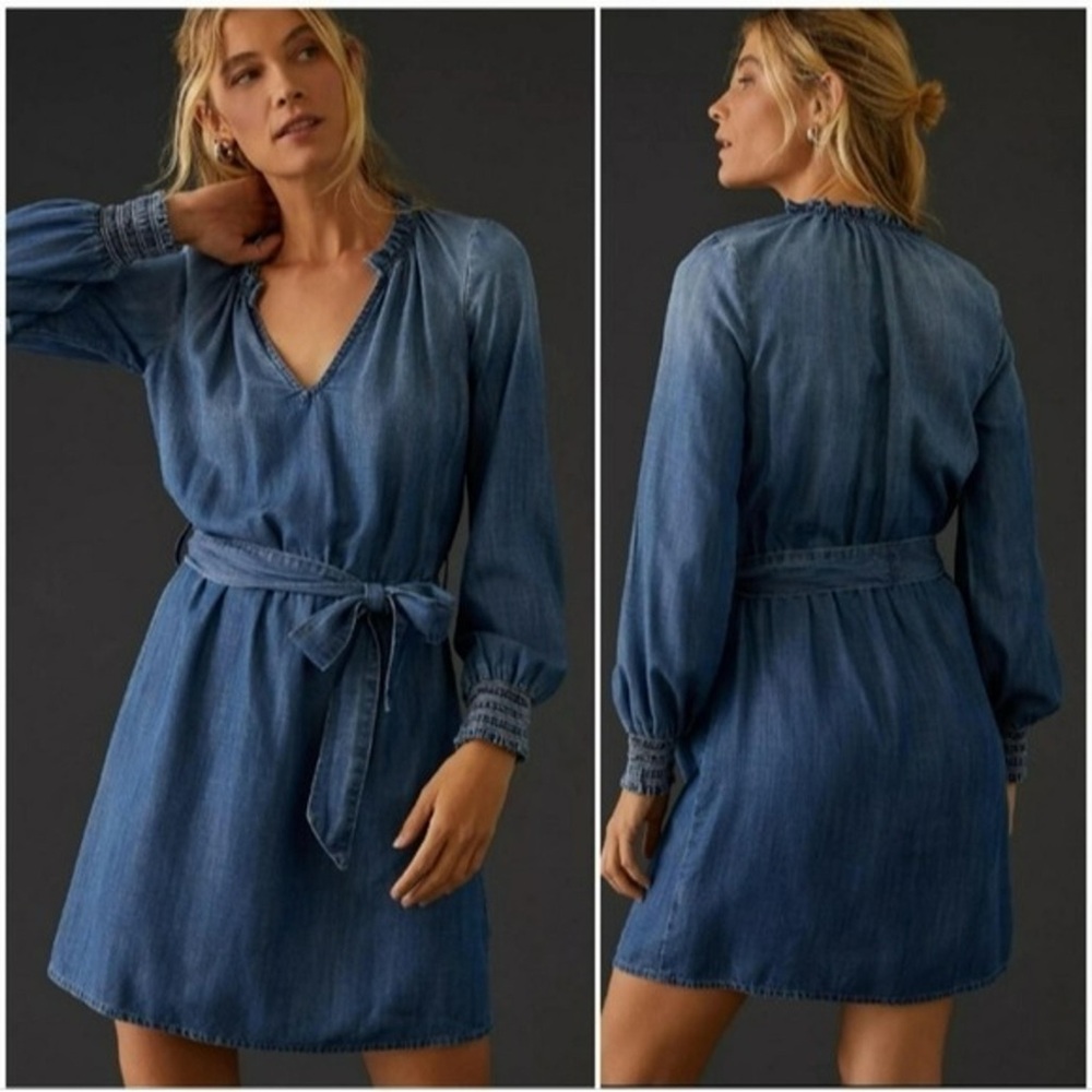 Cloth & Stone NWOT Anthropologie Chambray Tencel Ruffle Neck Mini Dress SZ S